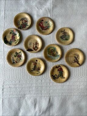 Set of 10 Vintage Decorative Bamboo Coasters with Oriental Figures